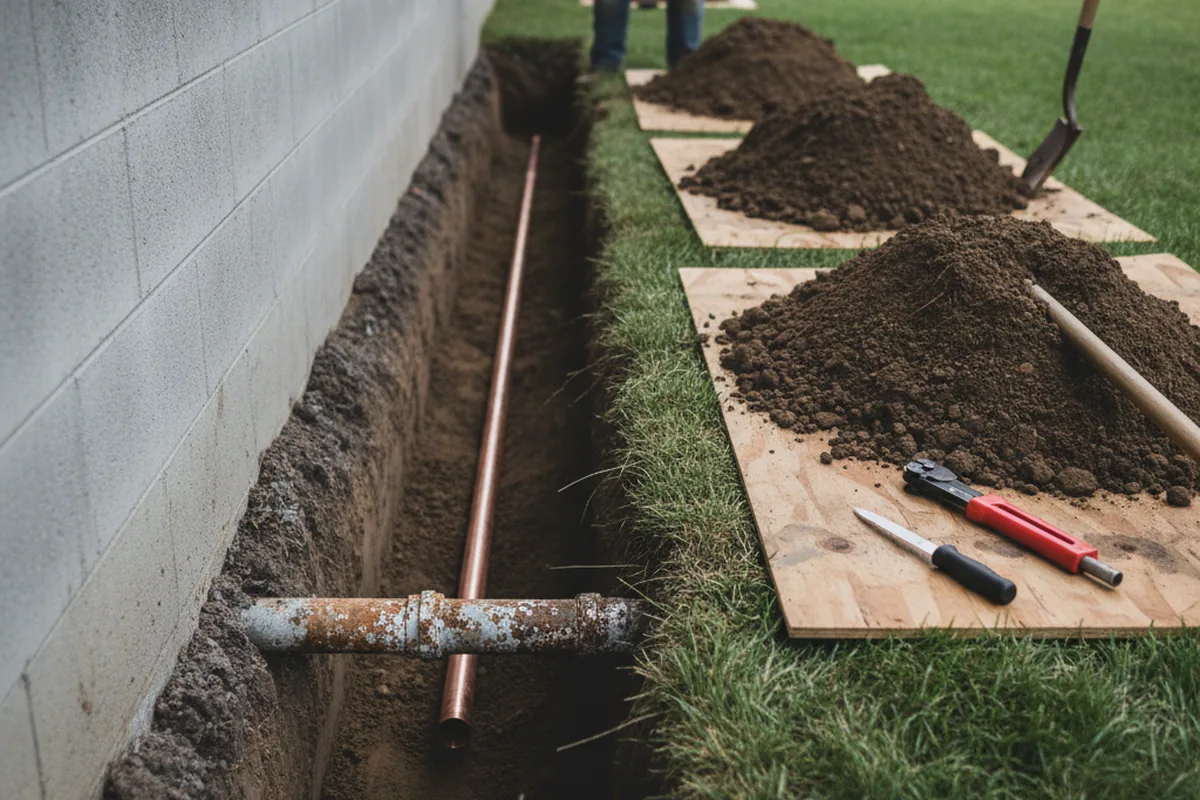 Excavated water line trench during Water Heater Repair in Lackawaxen